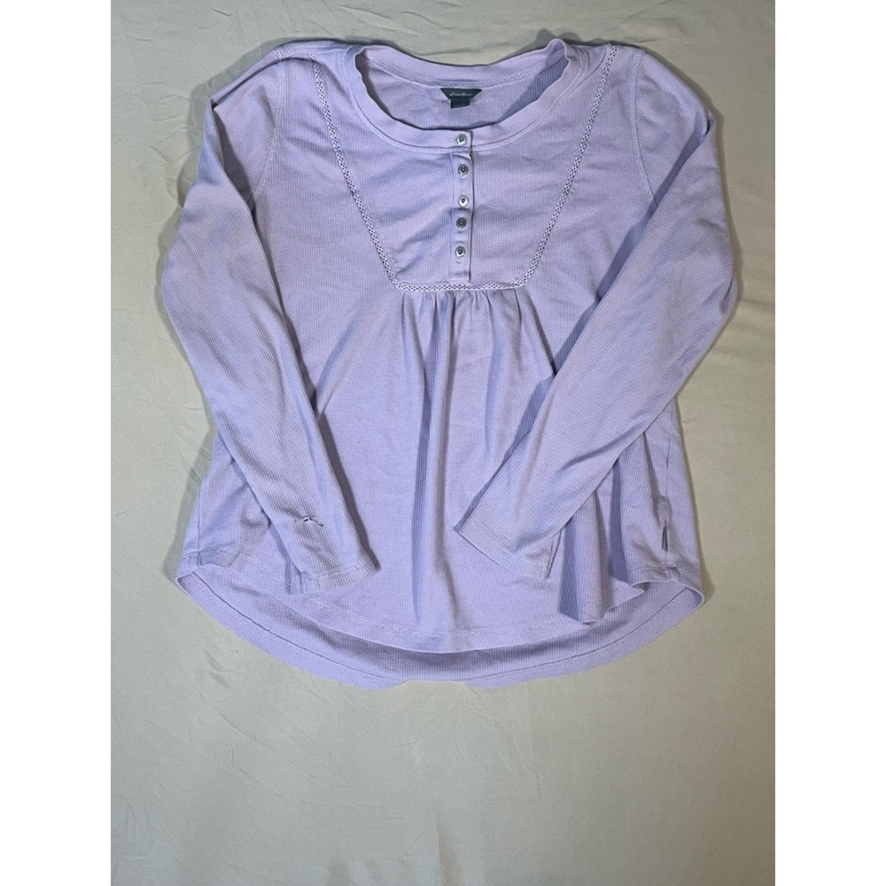 Eddie Bauer Womens Lavender Purple Waffle Knit Henley Lace Trim Thermal Top L
